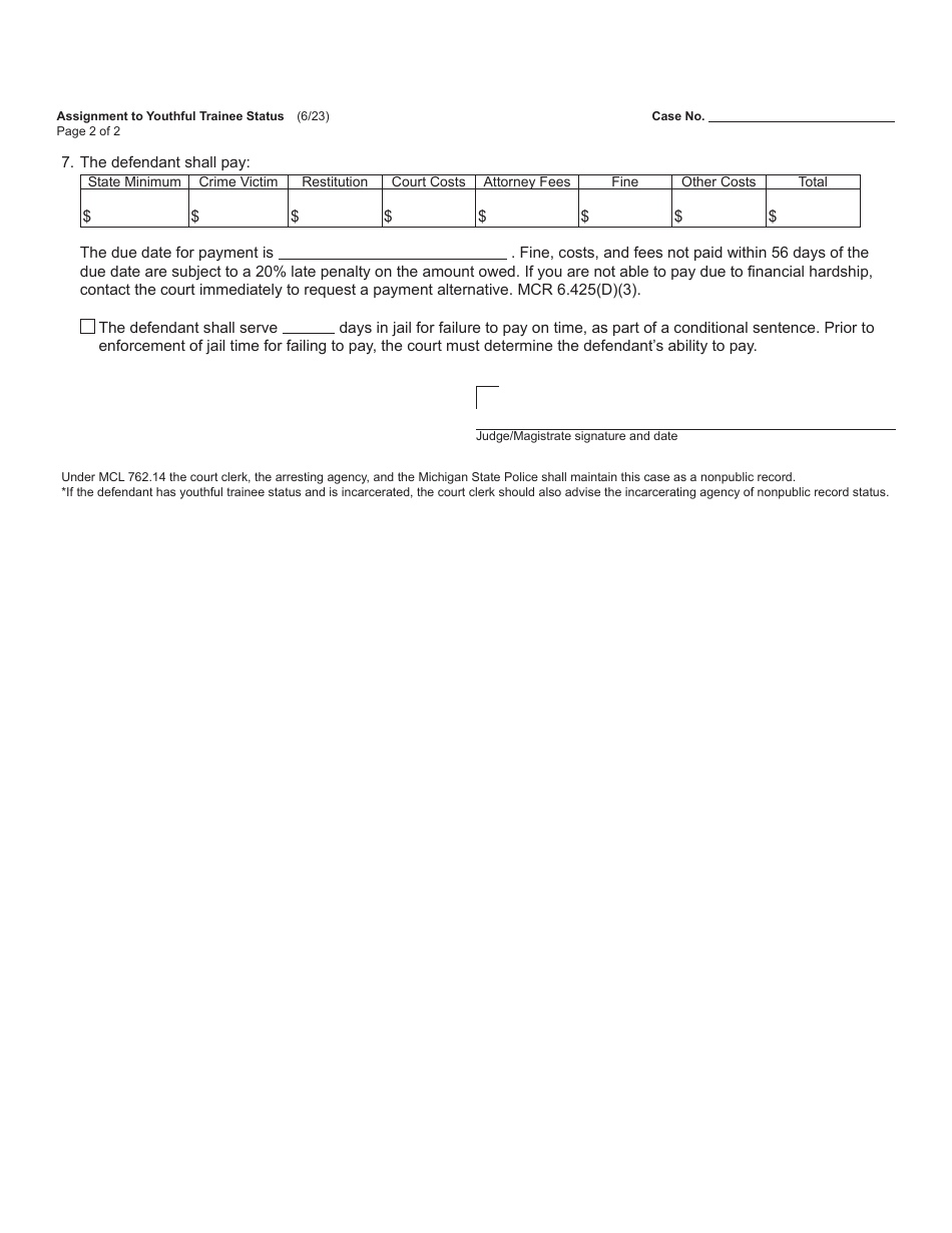 Form MC242 Assignment to Youthful Trainee Status - Michigan, Page 2
