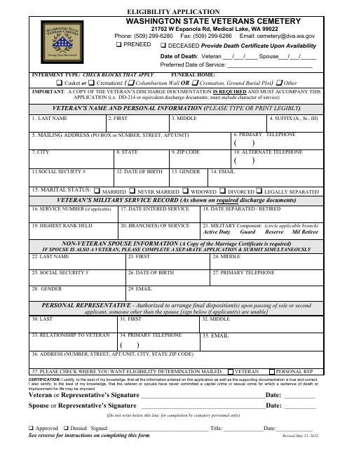 Washington State Veterans Cemetery Eligibility Application - Washington Download Pdf