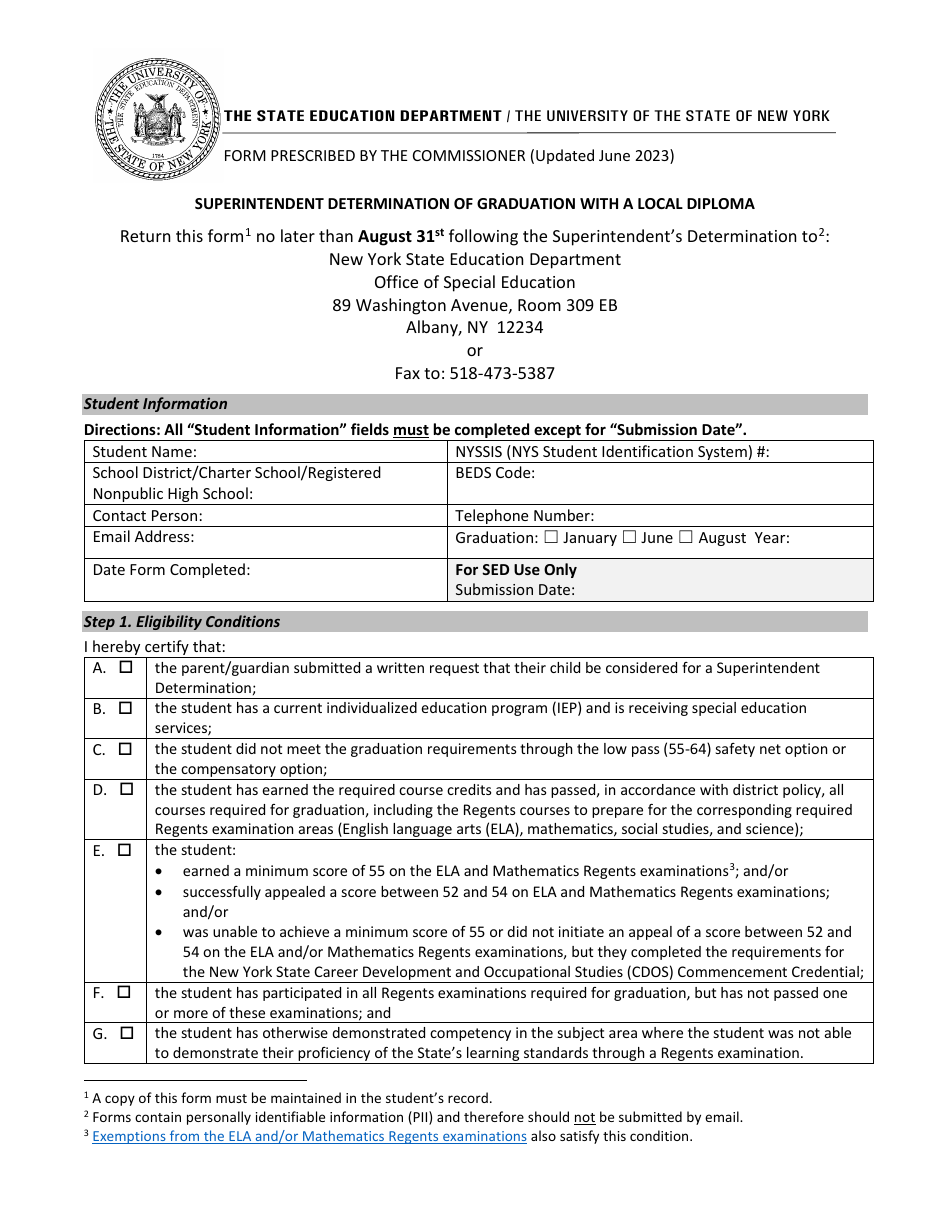 Superintendent Determination of Graduation With a Local Diploma - New York, Page 1