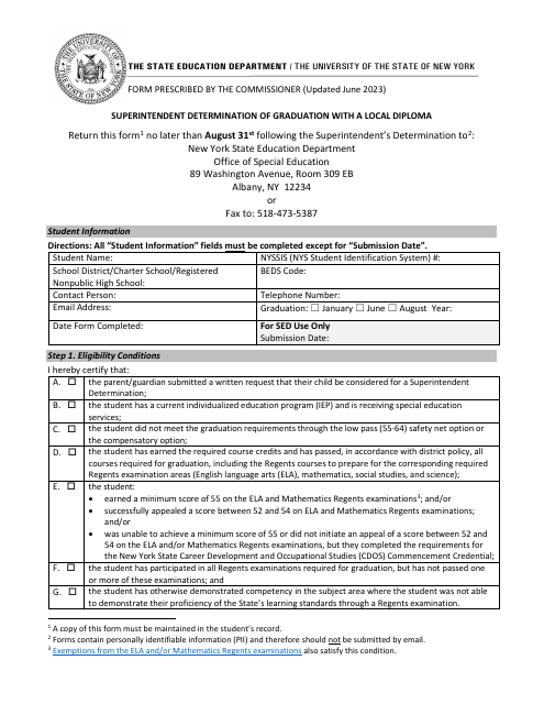 Superintendent Determination of Graduation With a Local Diploma - New York Download Pdf