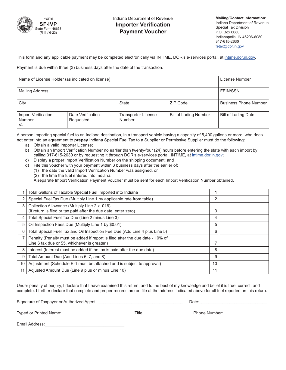 Form SF-IVP (State Form 46635) Importer Verification Payment Voucher - Indiana, Page 1