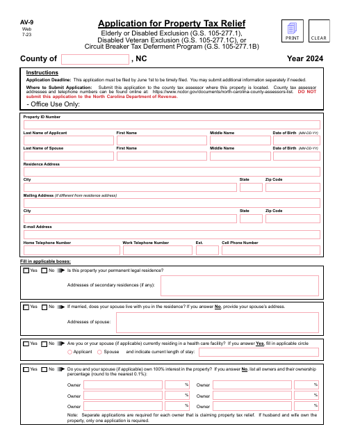 Form AV-9 Application for Property Tax Relief - North Carolina, 2024