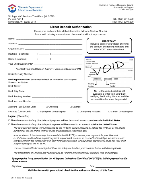 Form DCF-F-5630 Direct Deposit Authorization - Wisconsin