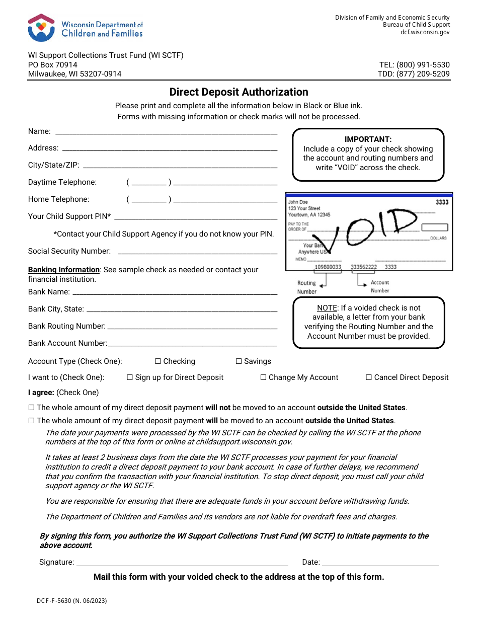 Form DCF-F-5630 Direct Deposit Authorization - Wisconsin, Page 1