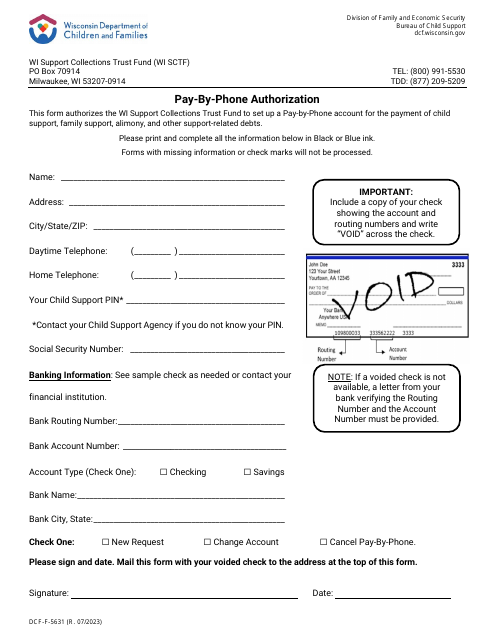 Form DCF-F-5631 Pay-By-Phone Authorization - Wisconsin