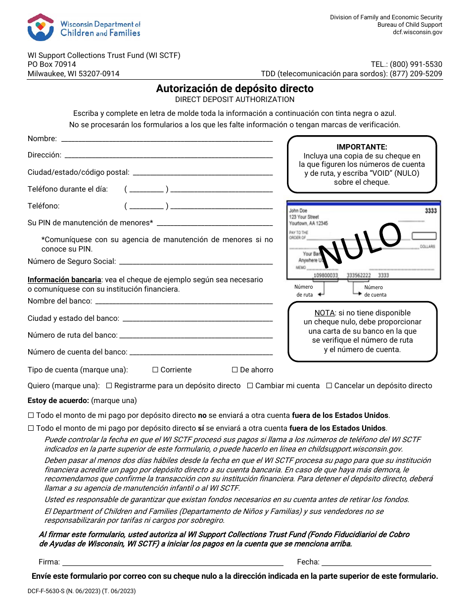 Formulario DCF-F-5630-S Autorizacion De Deposito Directo - Wisconsin (Spanish), Page 1