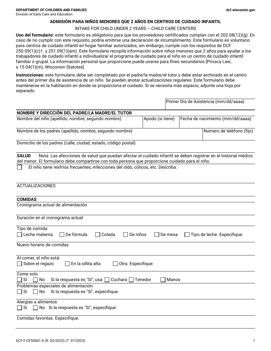 Formulario DCF-F-CFS0061-S Admision Para Ninos Menores Que 2 Anos En Centros De Cuidado Infantil - Wisconsin (Spanish), Page 1