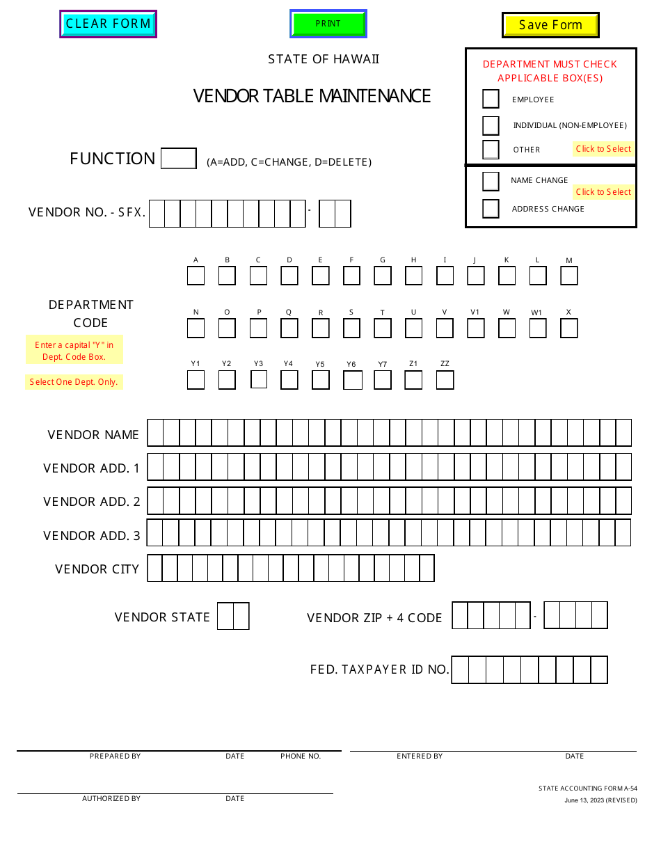 State Accounting Form A-54 Vendor Table Maintenance - Hawaii, Page 1