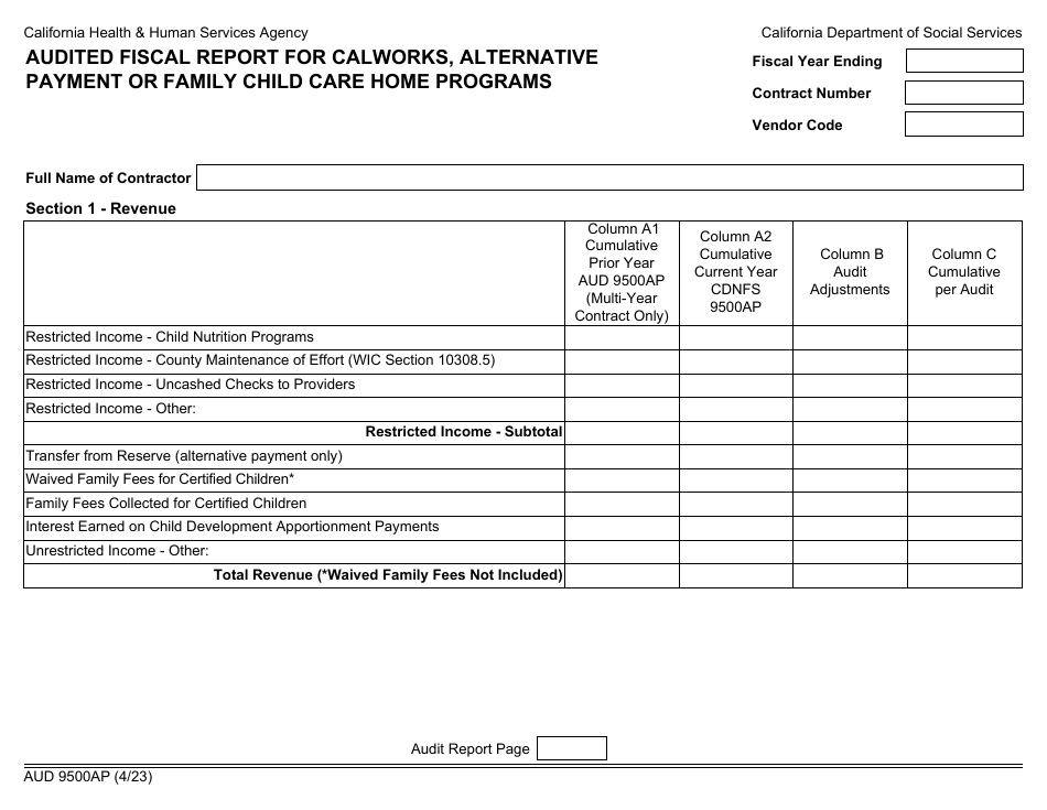 Form AUD9500AP Audited Fiscal Report for Calworks, Alternative Payment or Family Child Care Home Programs - California, Page 1