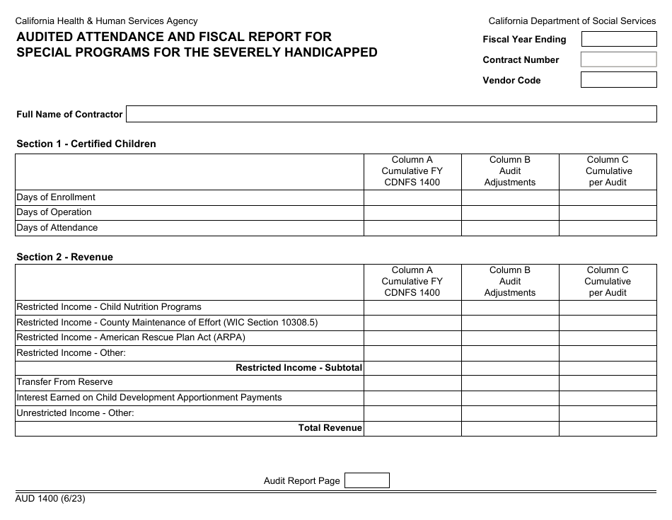 Form AUD1400 Audited Attendance and Fiscal Report for Special Programs for the Severely Handicapped - California, Page 1