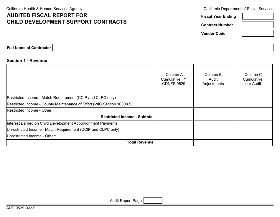 Form AUD9529 Audited Fiscal Report for Child Development Support Contracts - California, Page 1