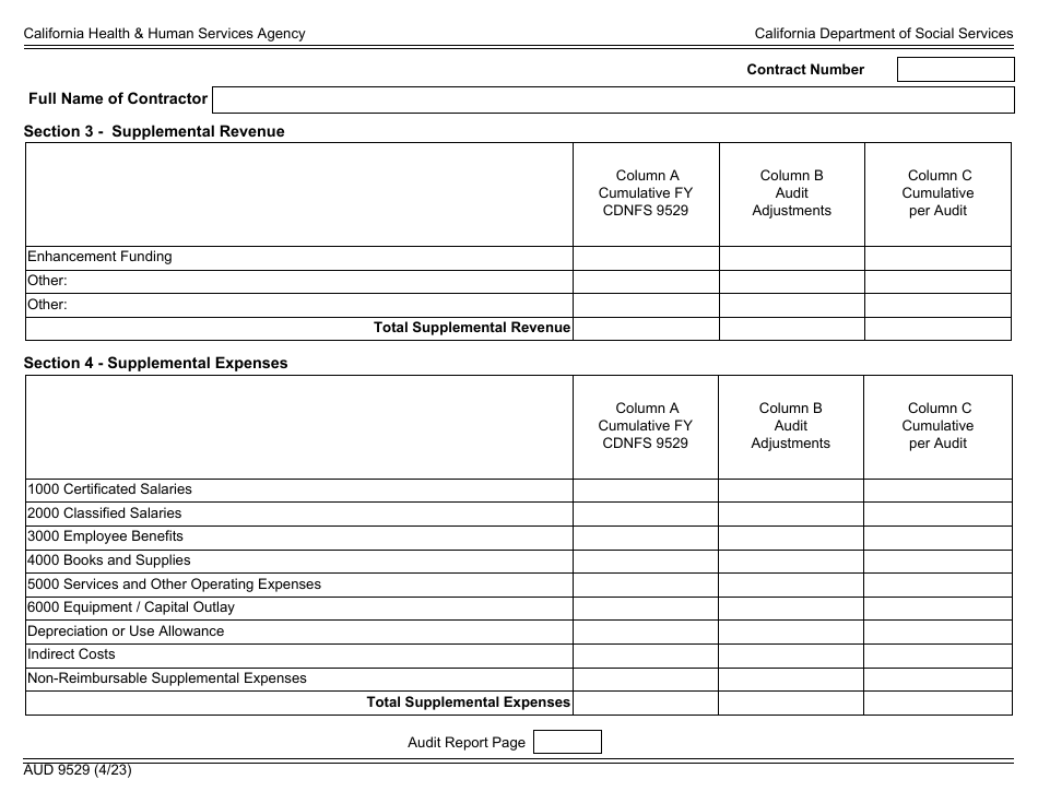 Form AUD9529 Audited Fiscal Report for Child Development Support Contracts - California, Page 3
