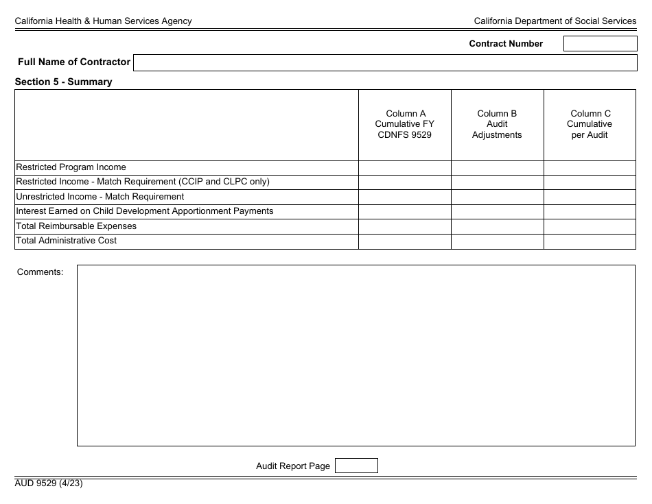 Form AUD9529 Audited Fiscal Report for Child Development Support Contracts - California, Page 4