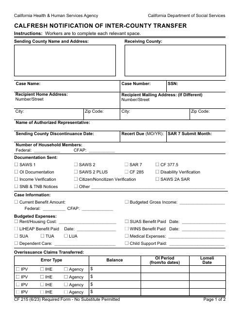 Form CF215  Printable Pdf