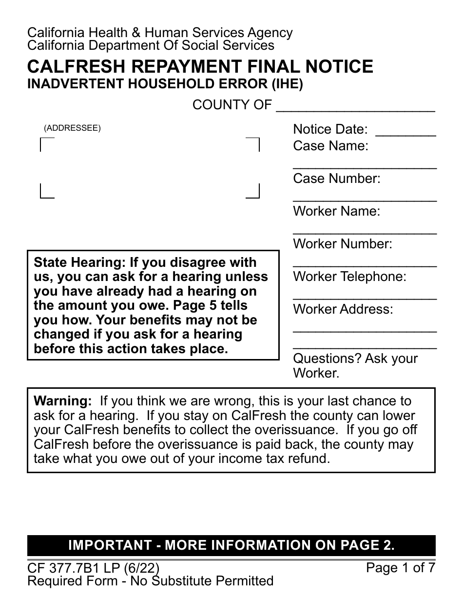 Form CF377.7B1 LP CalFresh Repayment Final Notice Inadvertent Household Error (Ihe) - Large Print - California, Page 1