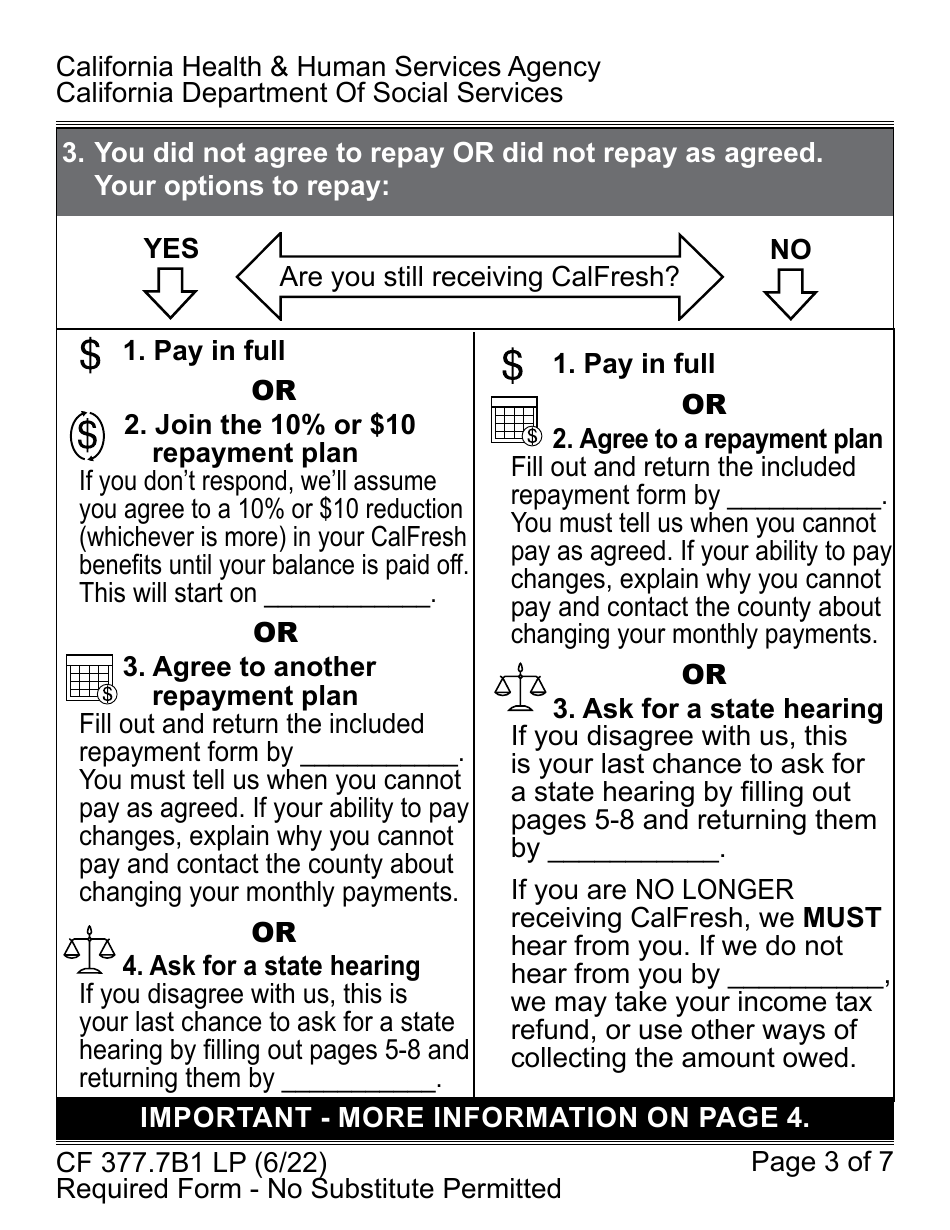 Form CF377.7B1 LP CalFresh Repayment Final Notice Inadvertent Household Error (Ihe) - Large Print - California, Page 3