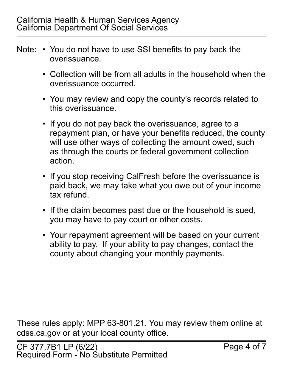 Form CF377.7B1 LP CalFresh Repayment Final Notice Inadvertent Household Error (Ihe) - Large Print - California, Page 4