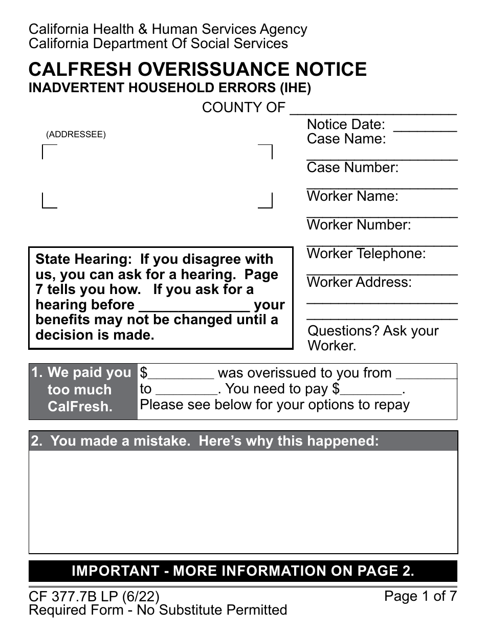 Form CF377.7B LP Download Fillable PDF Or Fill Online CalFresh ...