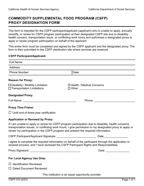 Form CSFP010 Proxy Designation Form - Commodity Supplemental Food Program (Csfp) - California