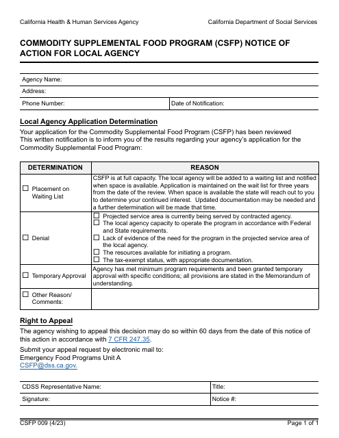 Form CSFP009 Notice of Action for Local Agency - Commodity Supplemental Food Program (Csfp) - California