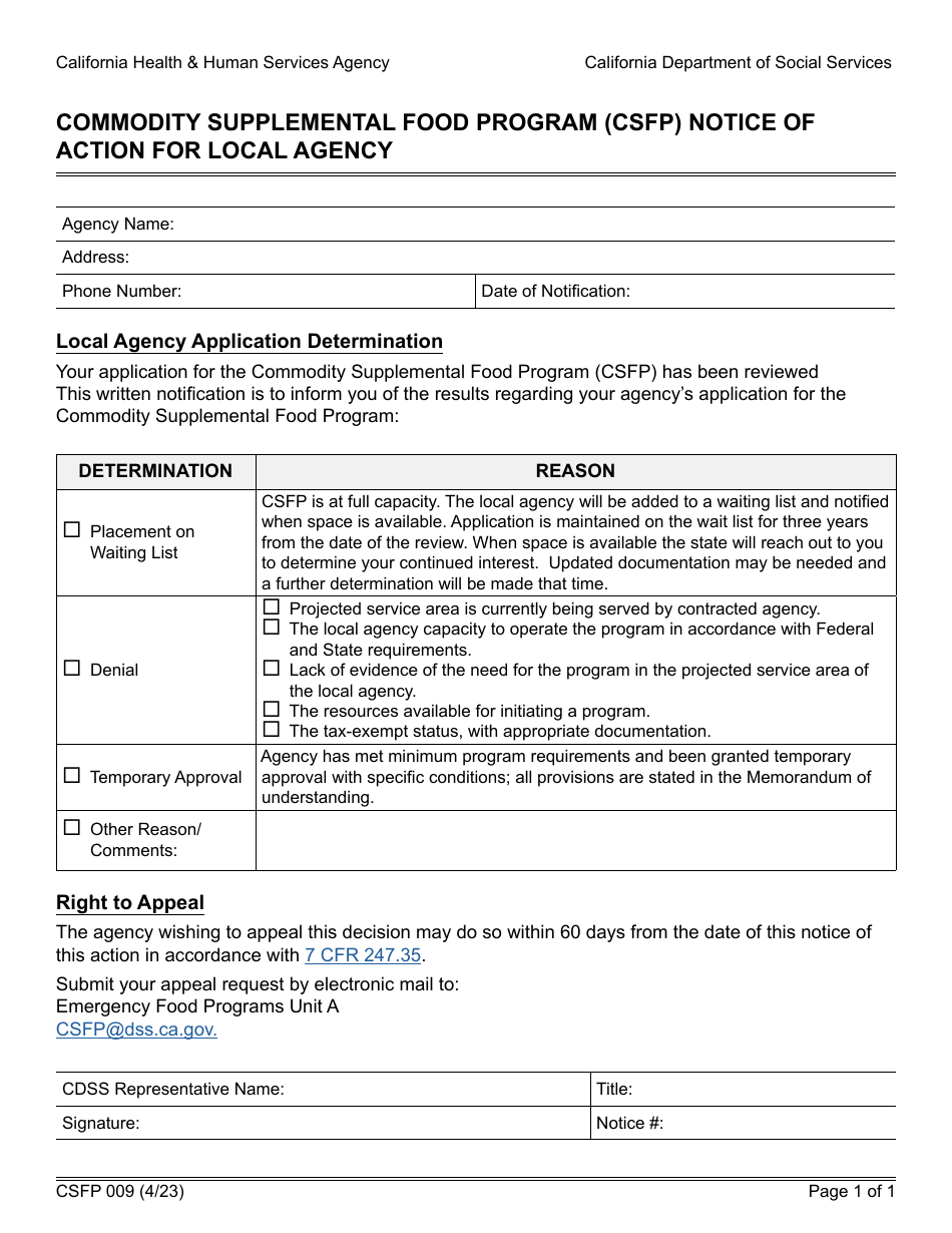Form CSFP009 Notice of Action for Local Agency - Commodity Supplemental Food Program (Csfp) - California, Page 1