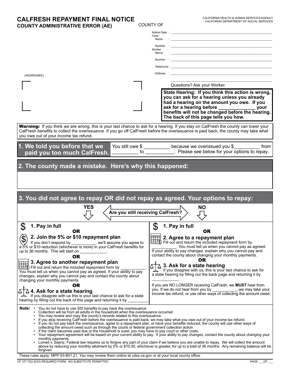 Form CF377.7D2 CalFresh Repayment Final Notice - County Administrative Error (AE) - California, Page 1