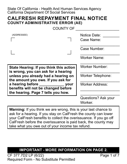 Form CF377.7D2 LP CalFresh Repayment Final Notice - County Administrative Error (AE) - Large Print - California