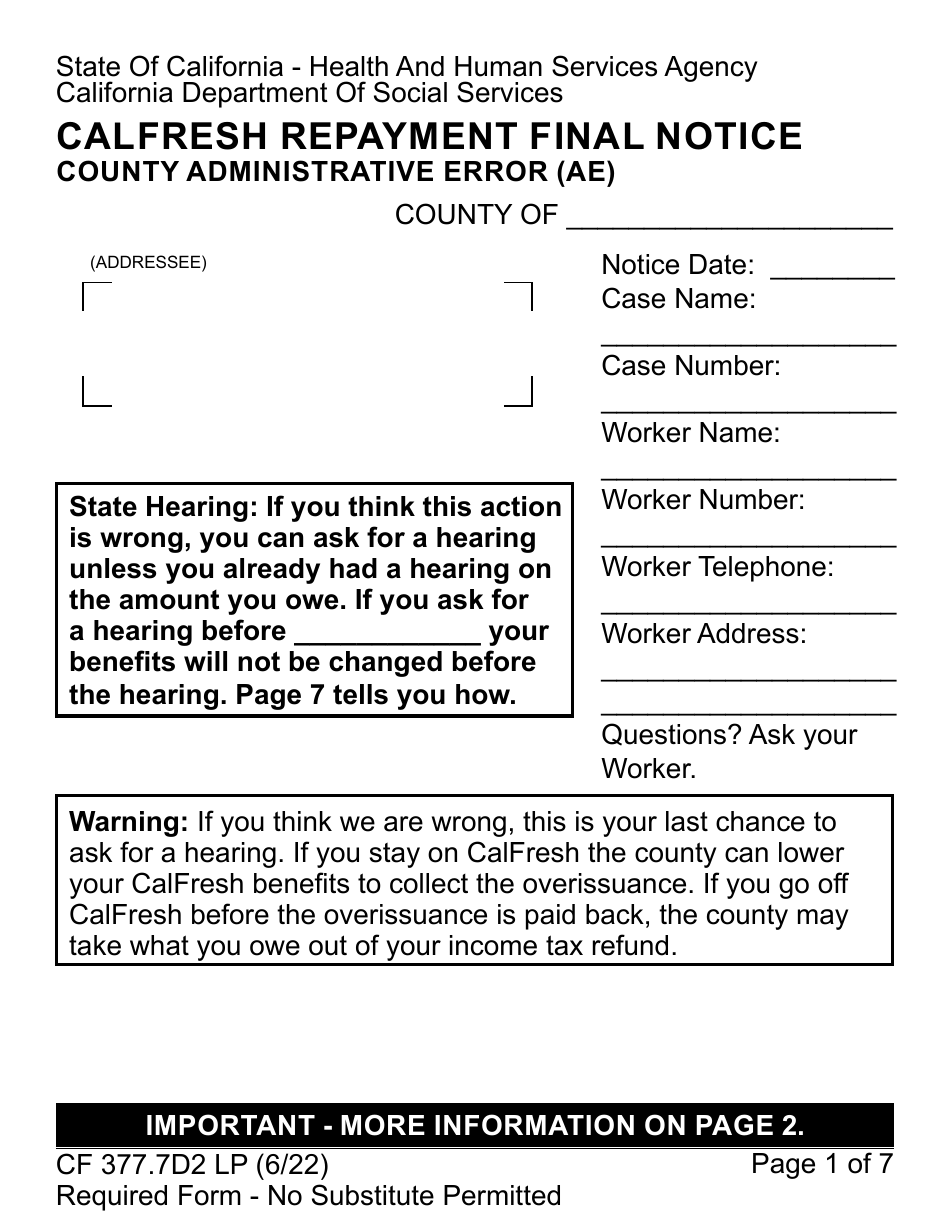 Form CF377.7D2 LP CalFresh Repayment Final Notice - County Administrative Error (AE) - Large Print - California, Page 1