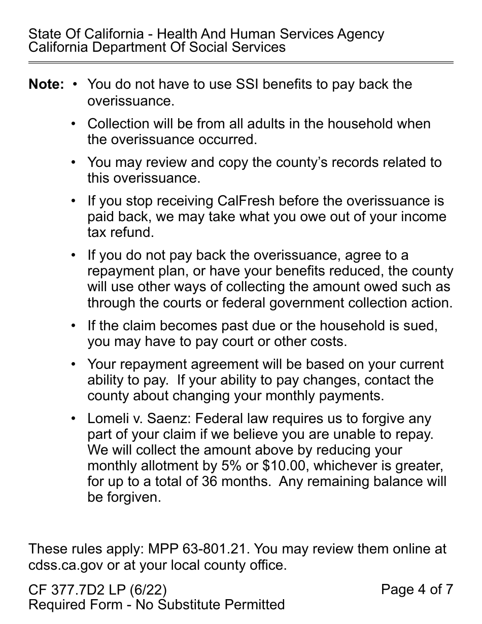 Form CF377.7D2 LP CalFresh Repayment Final Notice - County Administrative Error (AE) - Large Print - California, Page 4