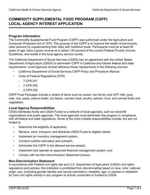 Form CSFP008 Local Agency Interest Application - Commodity Supplemental Food Program (Csfp) - California