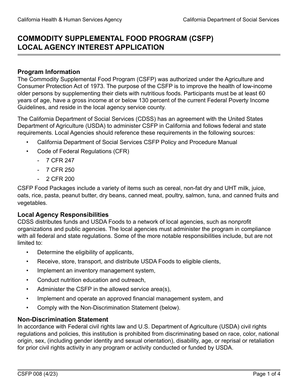 Form CSFP008 Local Agency Interest Application - Commodity Supplemental Food Program (Csfp) - California, Page 1
