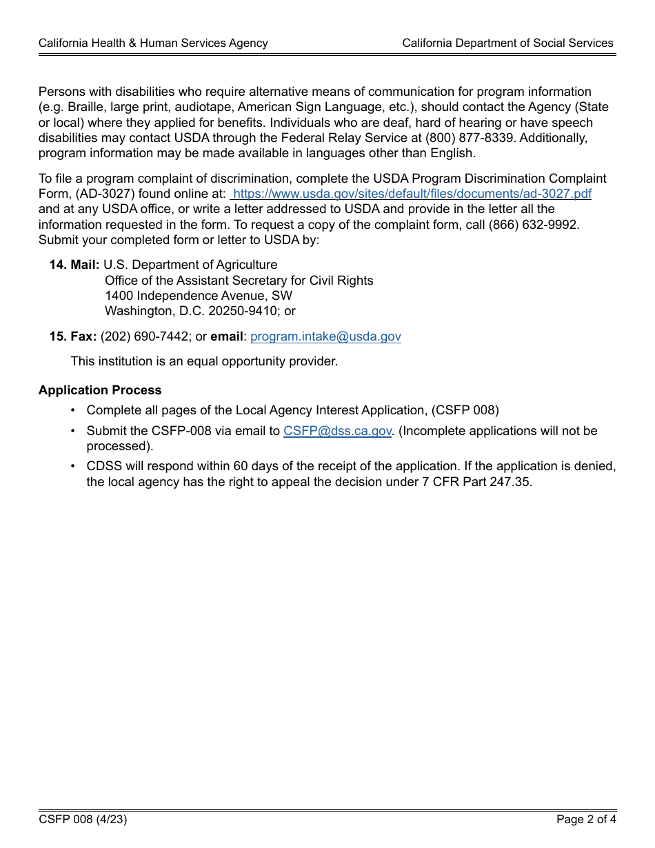 Form CSFP008 Local Agency Interest Application - Commodity Supplemental Food Program (Csfp) - California, Page 2