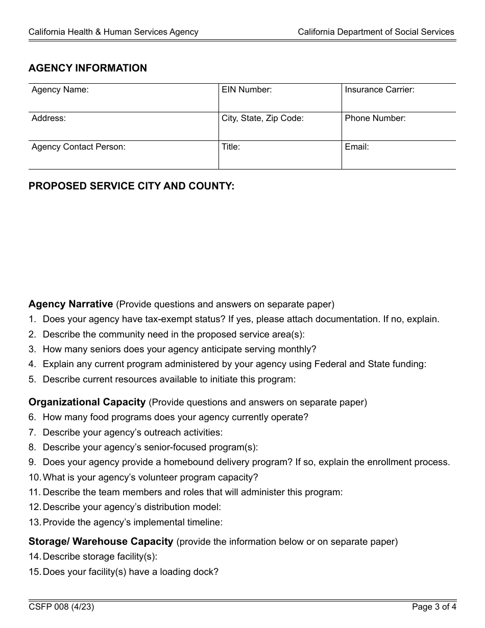 Form CSFP008 Local Agency Interest Application - Commodity Supplemental Food Program (Csfp) - California, Page 3
