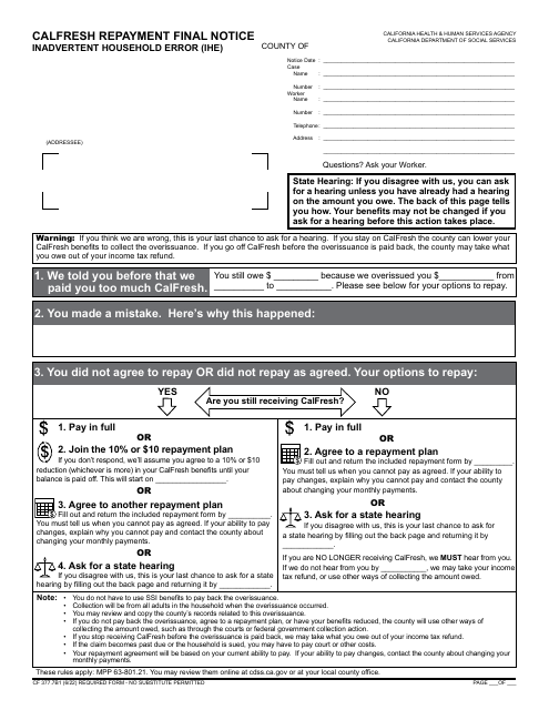 Form CF377.7B1 CalFresh Repayment Final Notice - Inadvertent Household Error (Ihe) - California