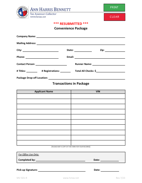Form MV-501-R Convenience Packages Resubmits Only - Harris County, Texas