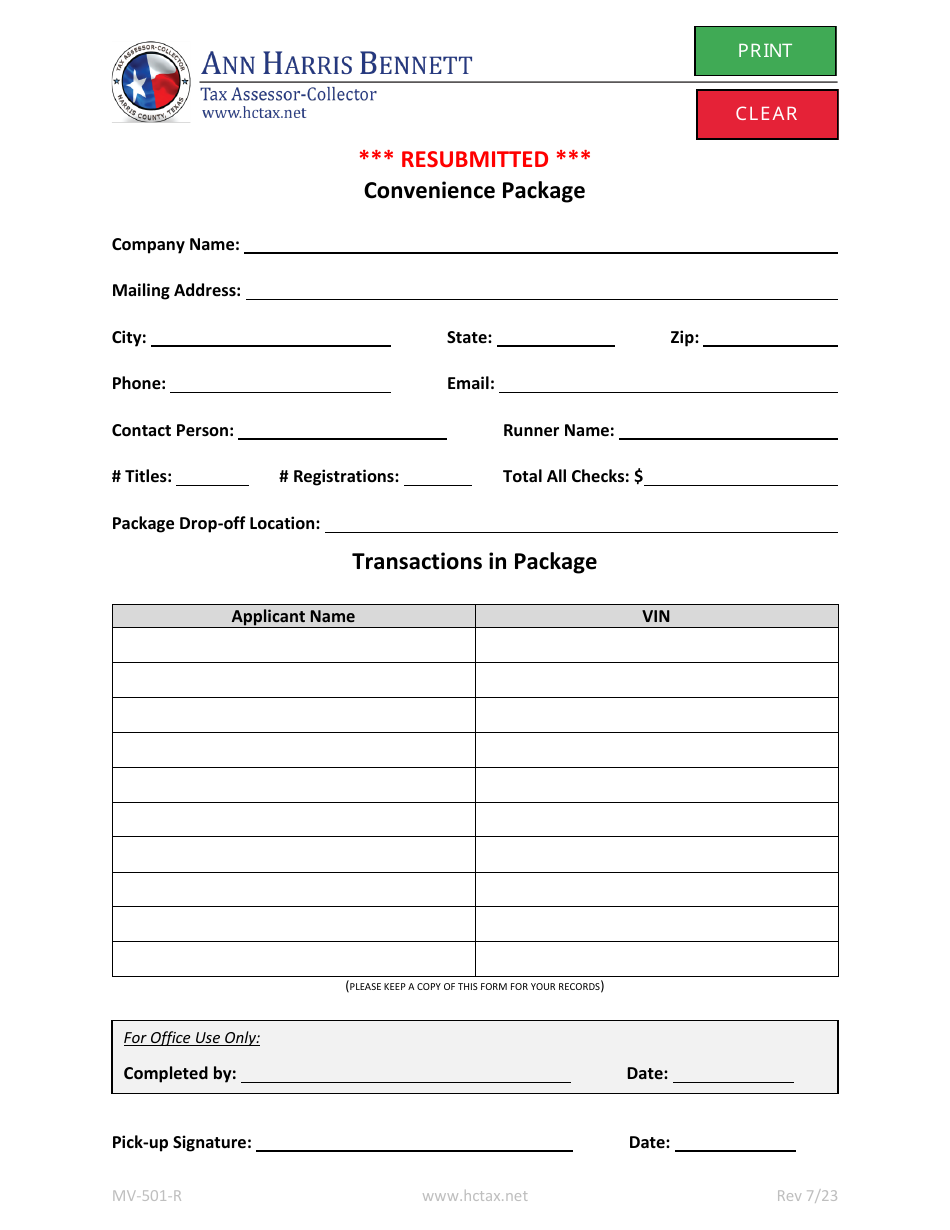 Form MV-501-R Convenience Packages Resubmits Only - Harris County, Texas, Page 1