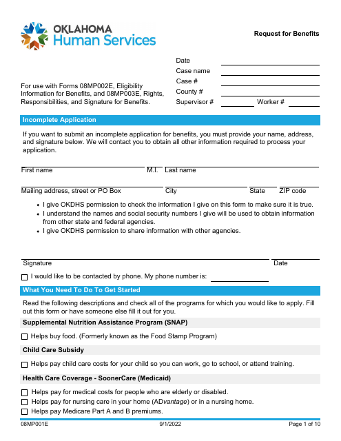 Form 08MP001E Request for Benefits - Oklahoma