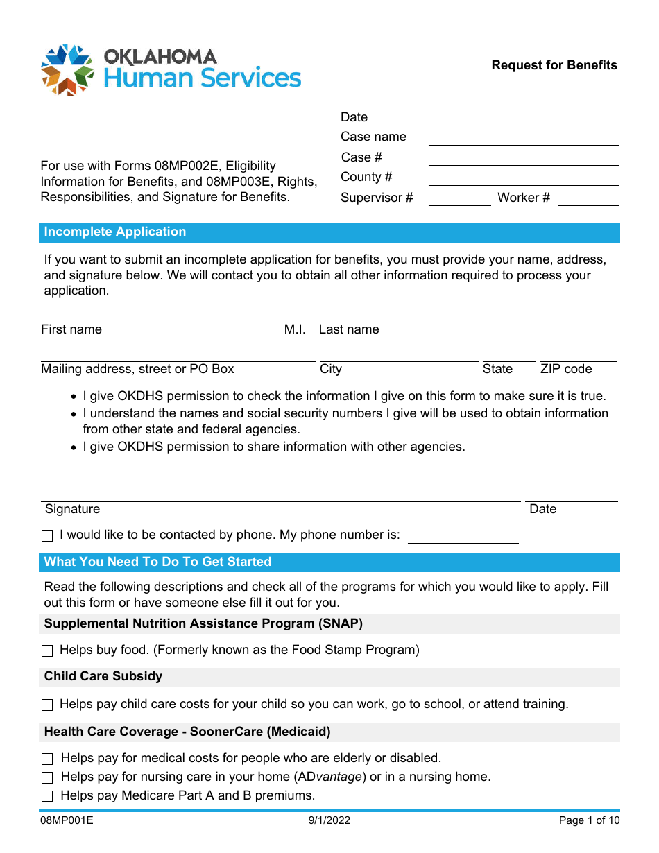Form 08MP001E Request for Benefits - Oklahoma, Page 1
