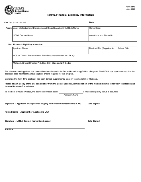 Form 5842 Txhml Financial Eligibility Information - Texas