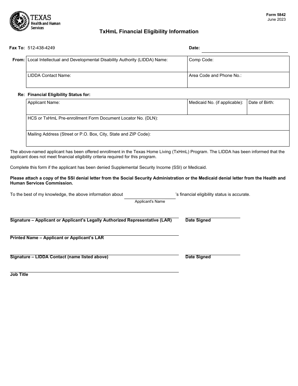 Form 5842 Txhml Financial Eligibility Information - Texas, Page 1