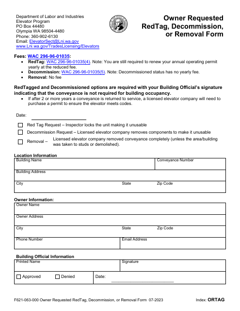 Form F621-063-000 Owner Requested Redtag, Decommission, or Removal Form - Washington