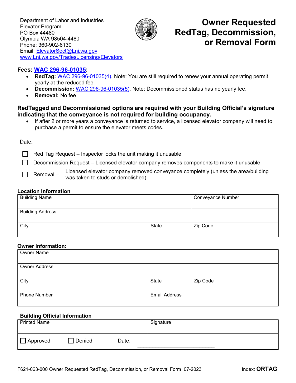 Form F621-063-000 Owner Requested Redtag, Decommission, or Removal Form - Washington, Page 1