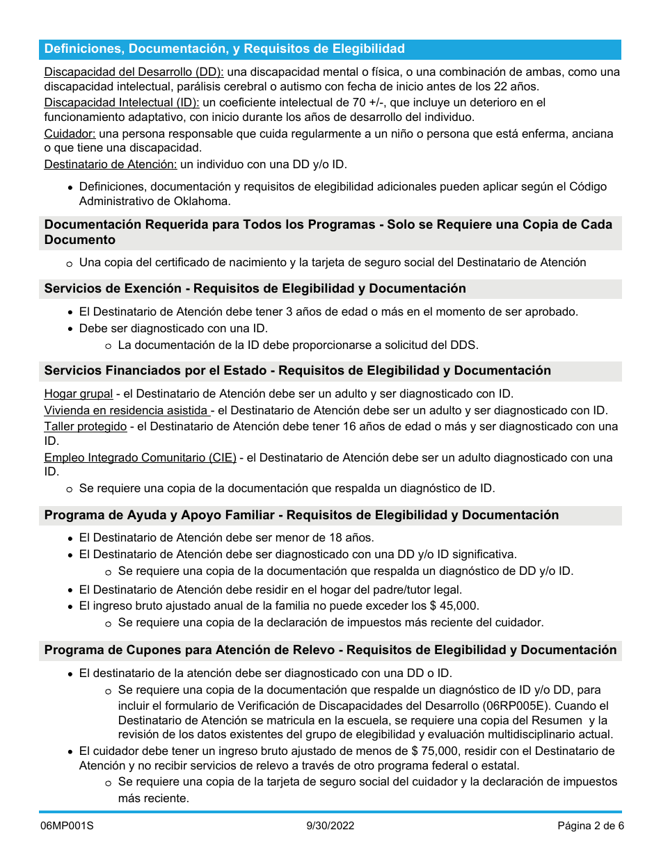 Formulario 06MP001S Solicitud De Servicios Para Discapacidades Del Desarrollo - Oklahoma (Spanish), Page 2