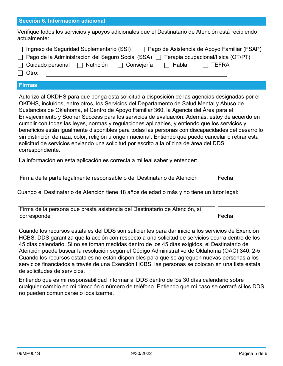 Formulario 06MP001S Solicitud De Servicios Para Discapacidades Del Desarrollo - Oklahoma (Spanish), Page 5