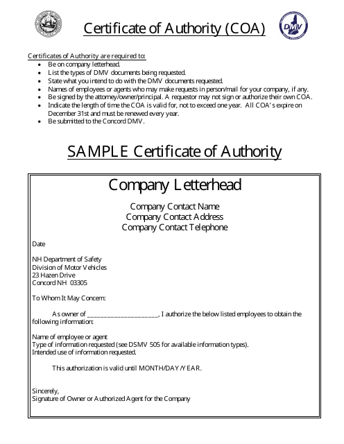 Certificate of Authority (Coa) - New Hampshire Download Pdf