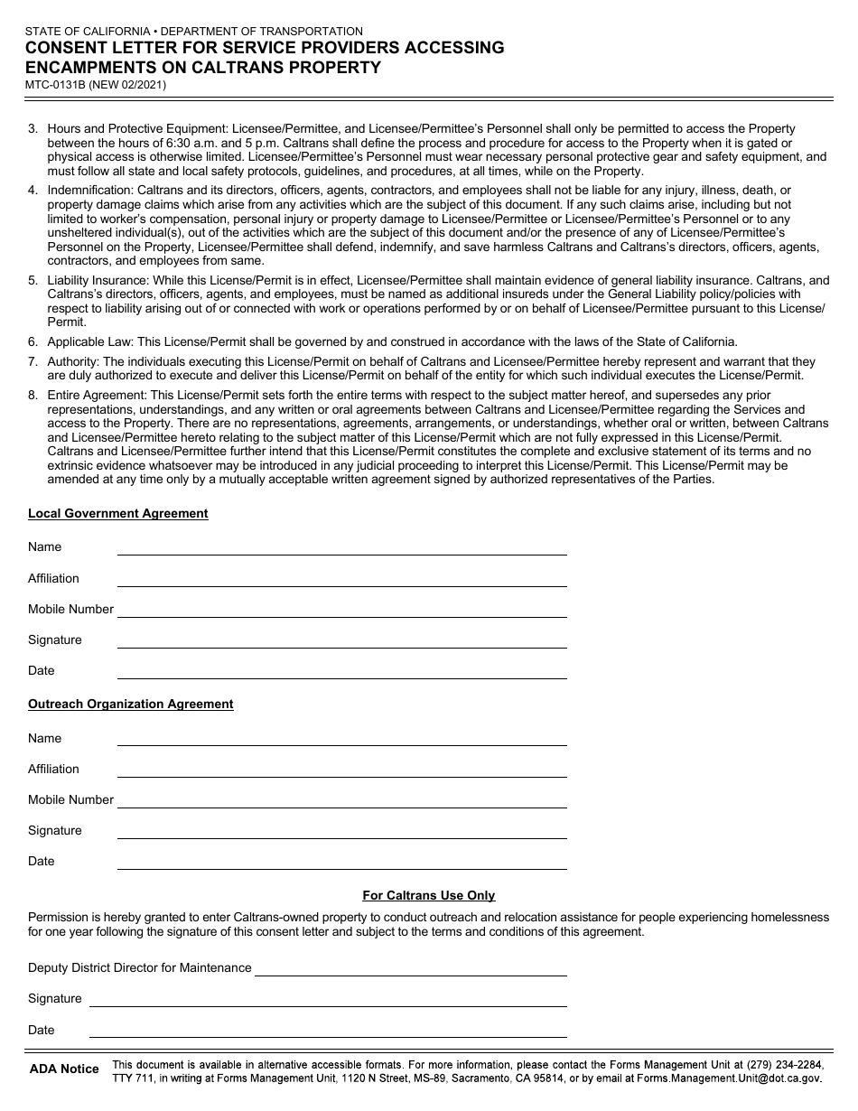 Form MTCE-0131B Consent Letter for Service Providers Accessing Encampments on Caltrans Property - California, Page 2