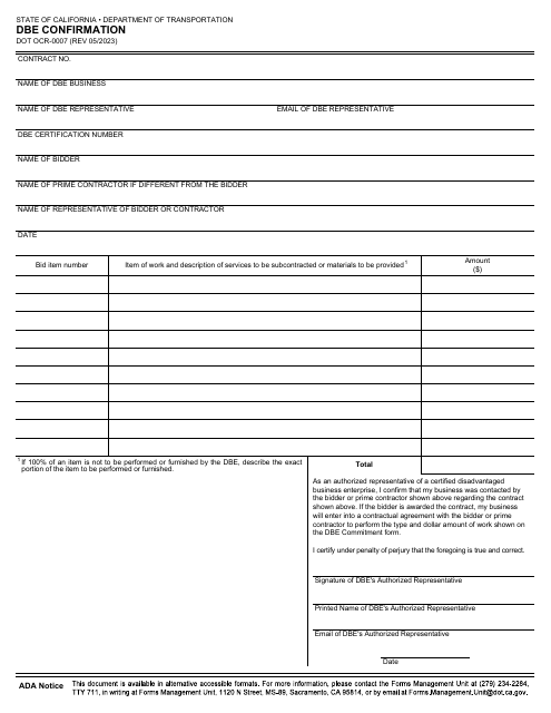 Form DOT OCR-007  Printable Pdf