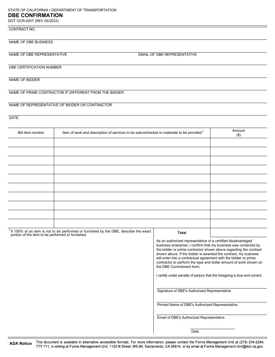 Form DOT OCR-007 Dbe Confirmation - California, Page 1