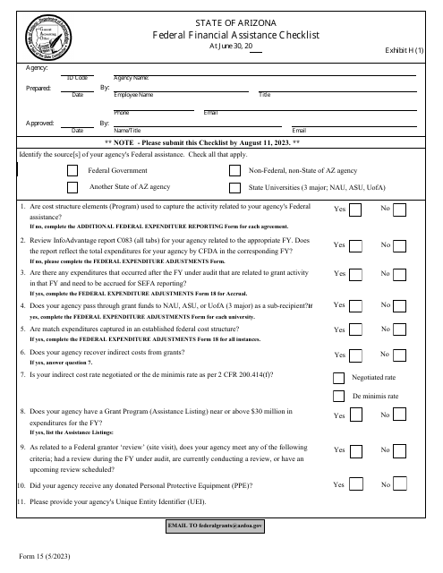 Form 15 Exhibit H(1) Federal Financial Assistance Checklist - Arizona