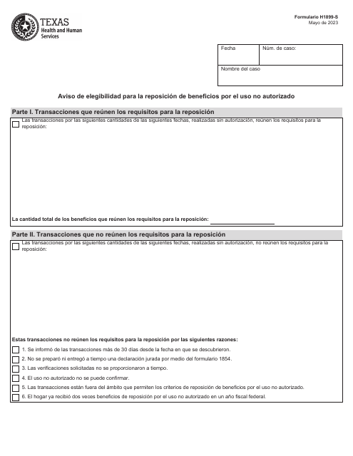 Formulario H1899-S Aviso De Elegibilidad Para La Reposicion De Beneficios Por El Uso No Autorizado - Texas (Spanish)